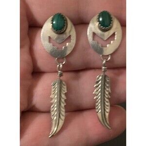 Vintage Native American Sterling Silver Malachite Feather Earrings